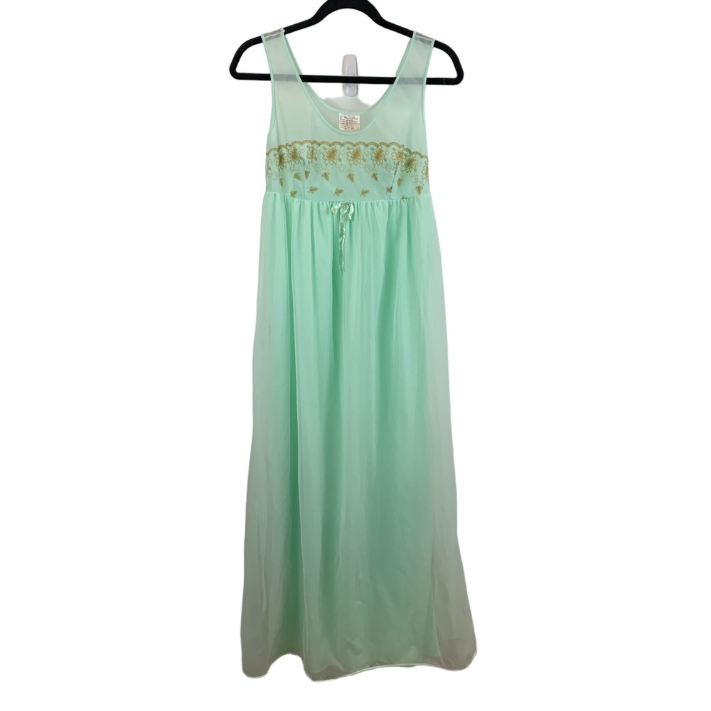 Vintage Chardin Green Chiffon Empire Waist Negligee Nightgown Gold Embroidery